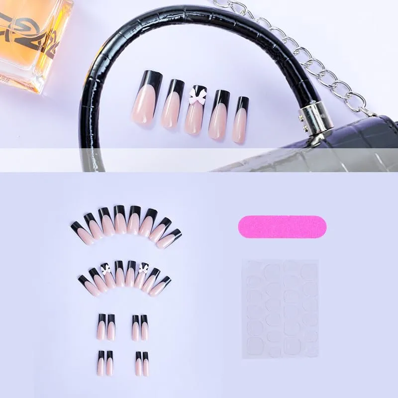 Black French Tip Press on Nails Long Square Fake Nails with 3D Bow Designs Glossy Acrylic Nails Full Cover Glue on Nails for Women Manicure Nails Decoration 24Pcs, Style7