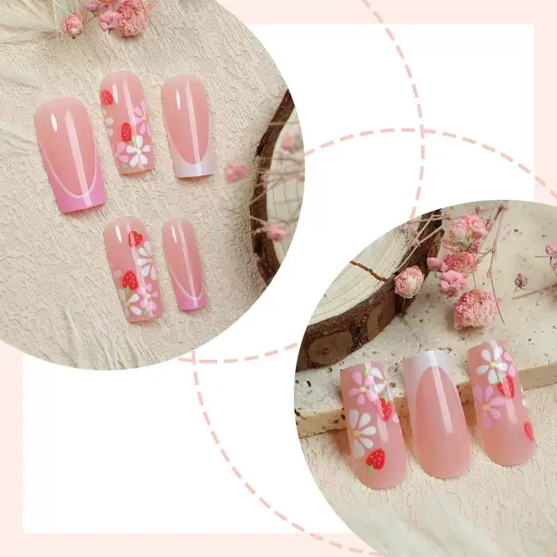 French Tip Press on Nails Medium Square Fake Nails Pink Flowers Acrylic Nails Spring Floral False Nails Glossy Artificial Nails Glue on Nails for Women Manicure Nails Decoration 24Pcs