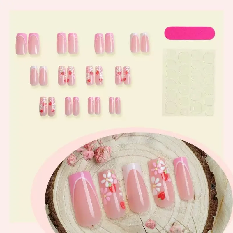 French Tip Press on Nails Medium Square Fake Nails Pink Flowers Acrylic Nails Spring Floral False Nails Glossy Artificial Nails Glue on Nails for Women Manicure Nails Decoration 24Pcs