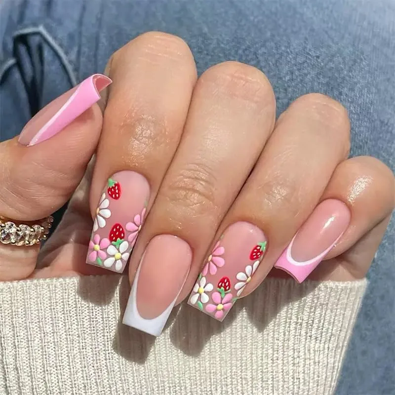 French Tip Press on Nails Medium Square Fake Nails Pink Flowers Acrylic Nails Spring Floral False Nails Glossy Artificial Nails Glue on Nails for Women Manicure Nails Decoration 24Pcs