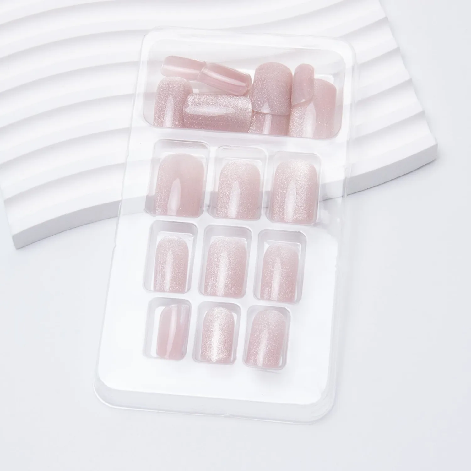 Cat Eye Press on Nails Medium Square Acrylic Nails Nude Pink Fake Nails Glossy Glitter Gradation False Nails Press ons Stick on Nails Glitter Full Cover Glue on Nails for Women Girls Manicure 24Pcs