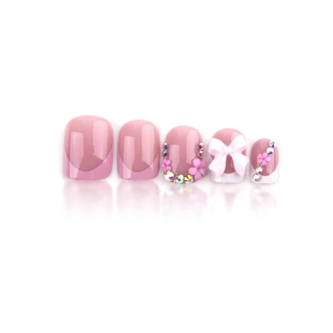 24Pcs French Tip Press on Nails Short Square Fake Nails with Charms Bow Flower Design Pink French Nails Press ons Cute Acrylic Nails Stick on Nails Rhinestones Glue on Nails for Women Girls