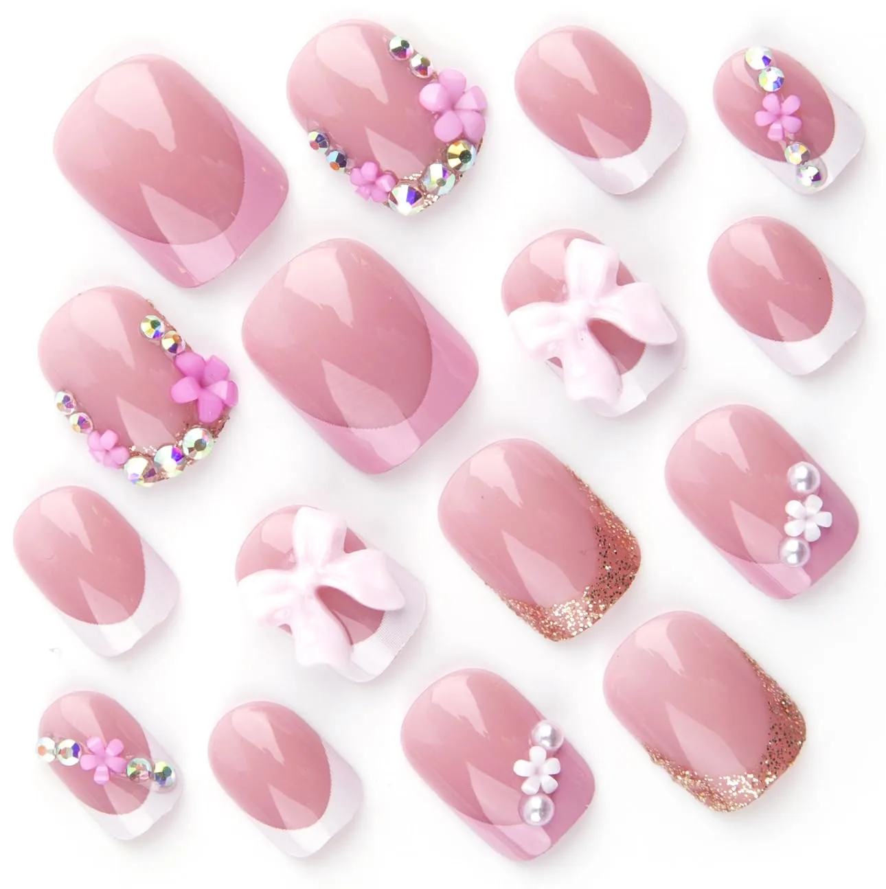 24Pcs French Tip Press on Nails Short Square Fake Nails with Charms Bow Flower Design Pink French Nails Press ons Cute Acrylic Nails Stick on Nails Rhinestones Glue on Nails for Women Girls