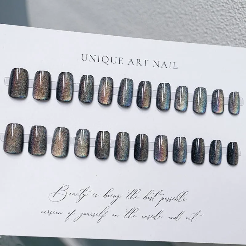 Black Press on Nails Short Square Fake Nails Cat Eye False Nails Press on Glossy Colorful Shiny Acrylic Nails Squoval Artificial Nails Full Cover Glue on Nails for Women Girls Manicure 24Pcs