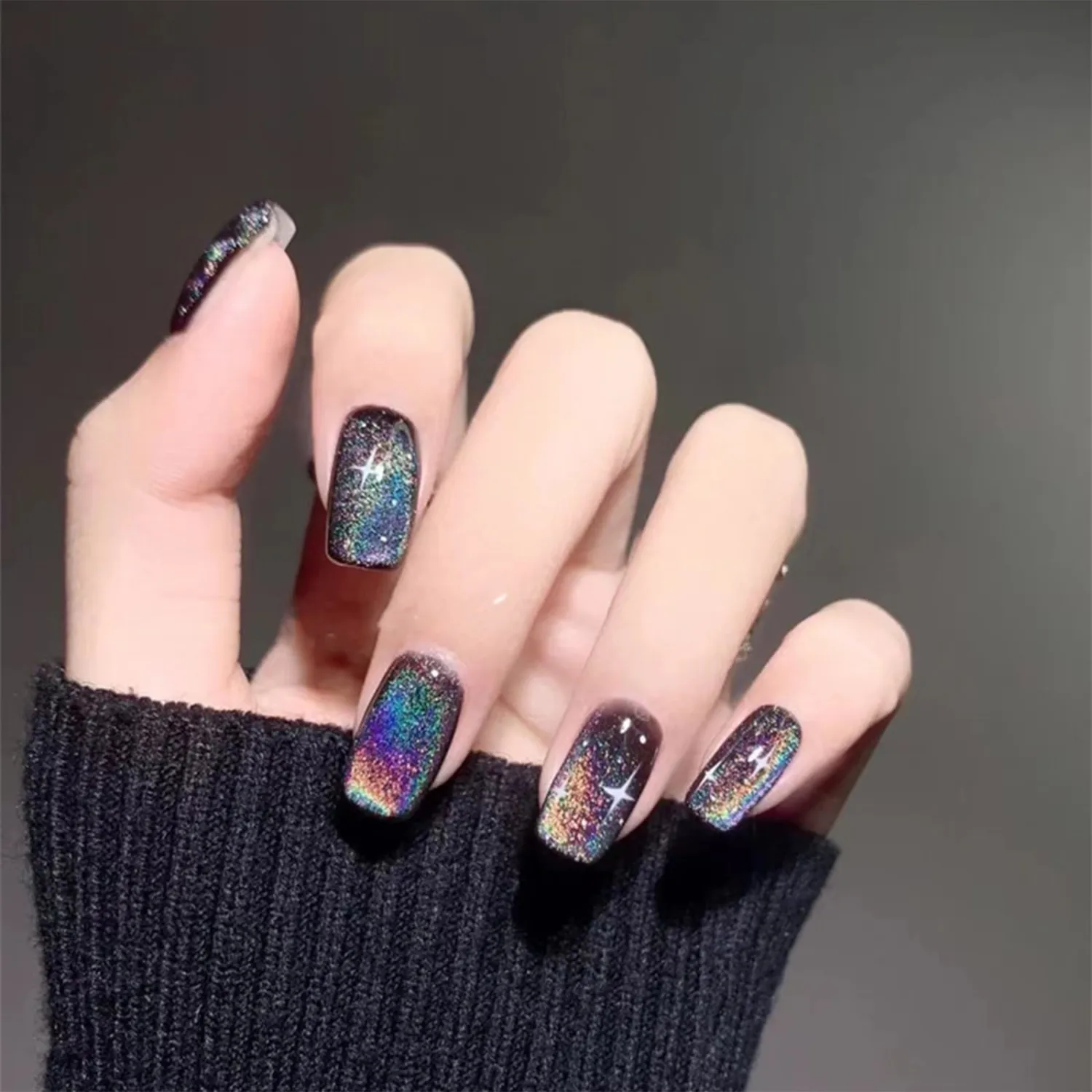 Black Press on Nails Short Square Fake Nails Cat Eye False Nails Press on Glossy Colorful Shiny Acrylic Nails Squoval Artificial Nails Full Cover Glue on Nails for Women Girls Manicure 24Pcs