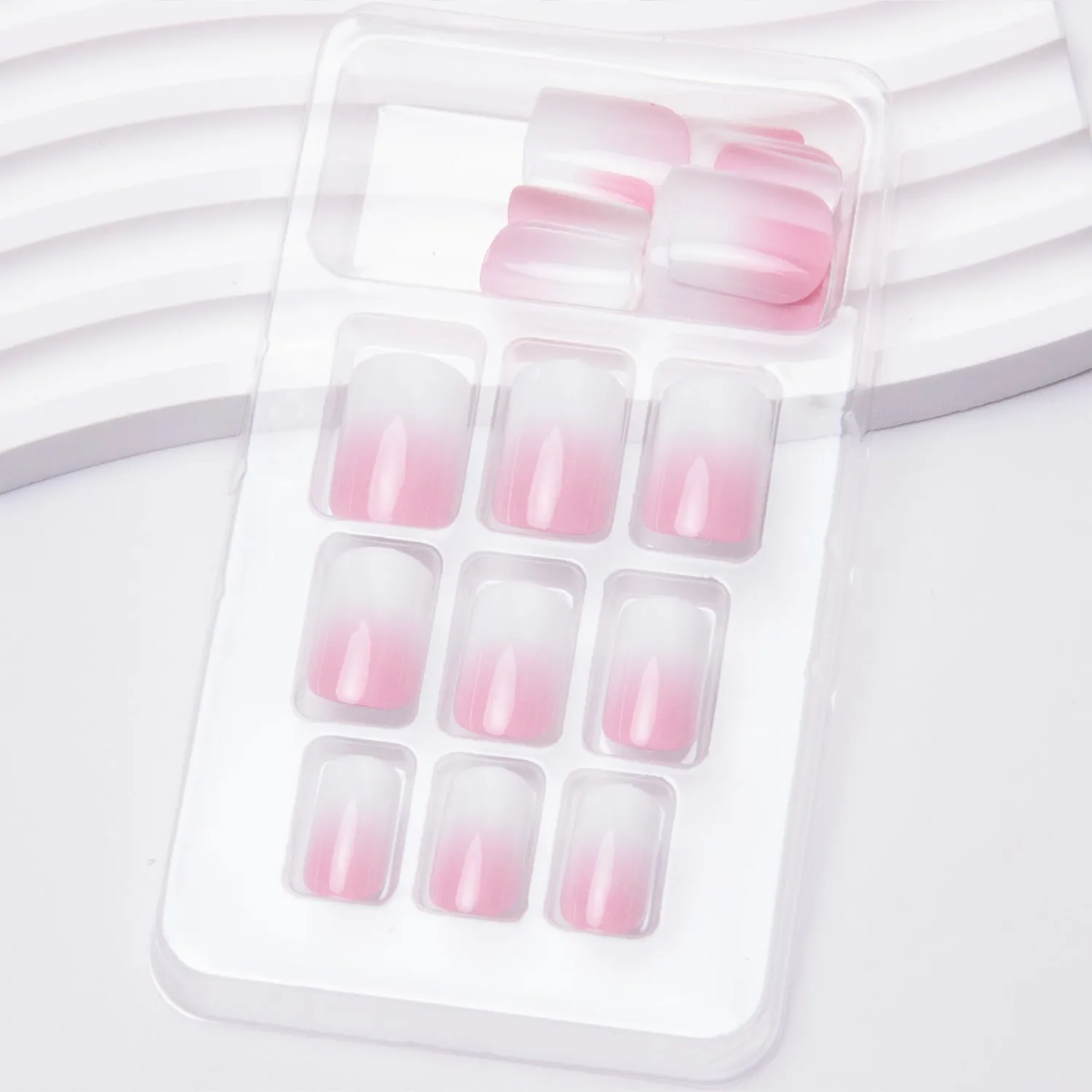 24Pcs Ombre Press on Nails Medium Square Acrylic Fake Nails Pink White Gradation Fake Nails Glossy False Nails Ombre Stick on Nails Full Cover Glue on Nails for Women Girls Nails Decoration