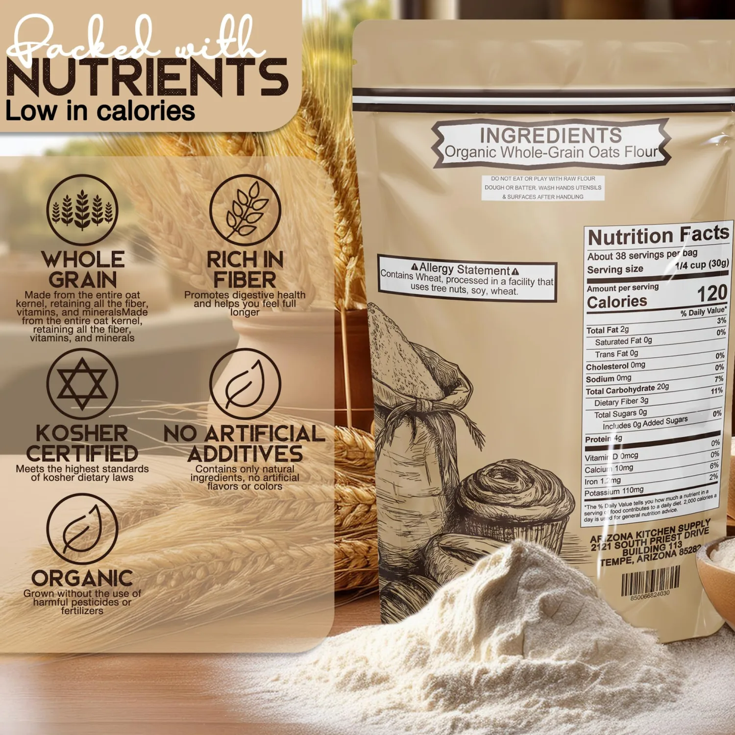 Organic Whole Grain Oat Flour – 2.5 lb – Product of the USA – Premium, Nutrient‑Rich Flour for Baking & Cooking Brough to You By Arizona Kitchen Supply