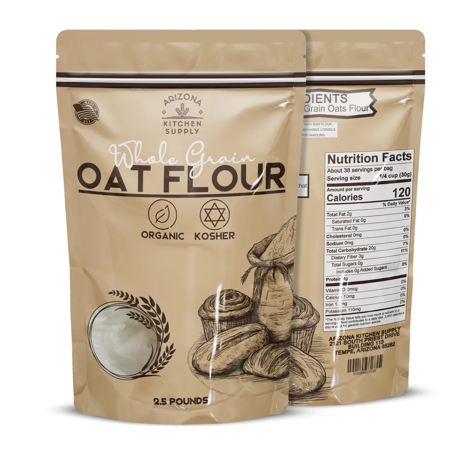 Organic Whole Grain Oat Flour – 2.5 lb – Product of the USA – Premium, Nutrient‑Rich Flour for Baking & Cooking Brough to You By Arizona Kitchen Supply