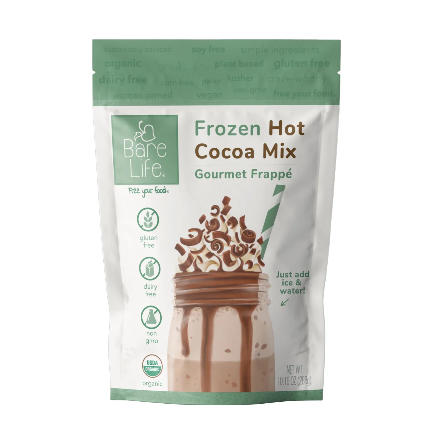 Bare Life: Dairy Free Frozen Hot Cocoa | Blended Premium Frappe Iced Hot Chocolate Smoothie | Vegan, Organic, Gluten Free, Paleo, Lactose Free, Soy Free | 10.16 oz