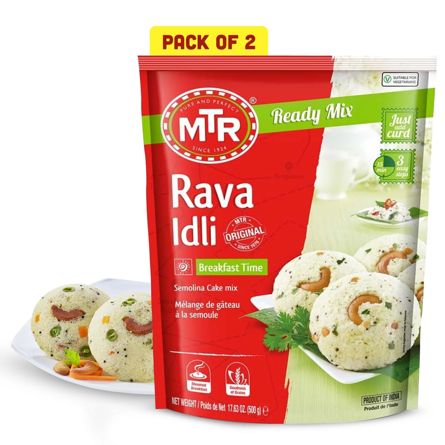 MTR Instant Rava Idli Mix - Ready to Cook Authentic Indian Breakfast, Lunch, Dinner or Snack Meal - No Added Preservatives - A Quick & Easy Recipe Suitable for Vegetarians - (500g, Pack of 2)