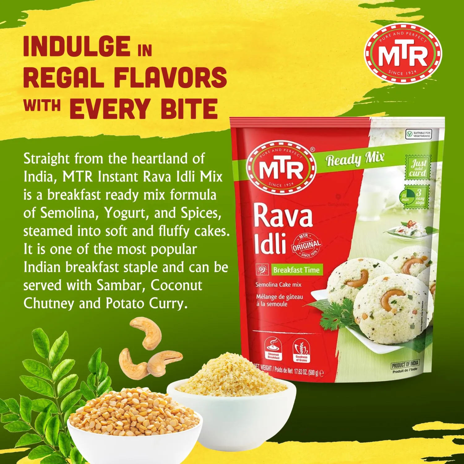 MTR Instant Rava Idli Mix - Ready to Cook Authentic Indian Breakfast, Lunch, Dinner or Snack Meal - No Added Preservatives - A Quick & Easy Recipe Suitable for Vegetarians - (500g, Pack of 2)