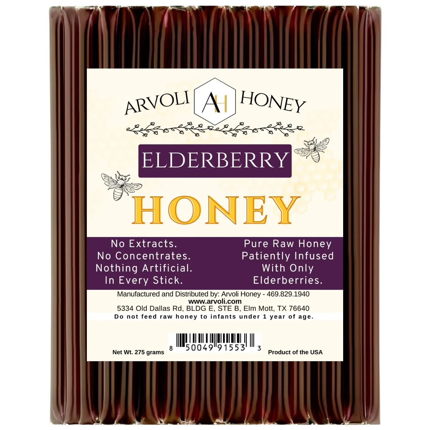 Elderberry Honey - Elderberry Infused Raw Honey Straws - 50 Pack - 50 Honey Sticks for Tea; Our Honey Stix are All-Natural Flavor Infusion, Non-artificial, No Preservatives