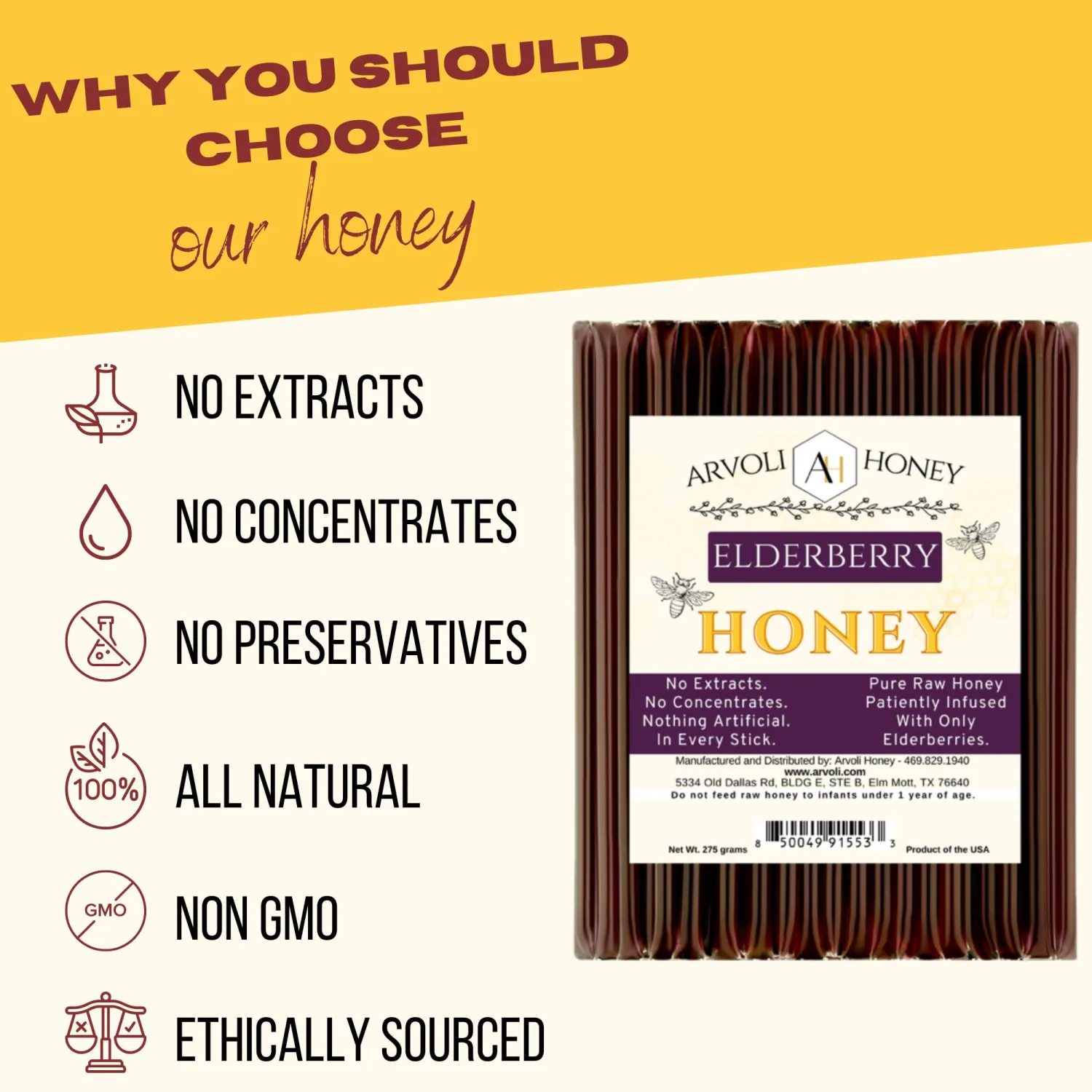 Elderberry Honey - Elderberry Infused Raw Honey Straws - 50 Pack - 50 Honey Sticks for Tea; Our Honey Stix are All-Natural Flavor Infusion, Non-artificial, No Preservatives