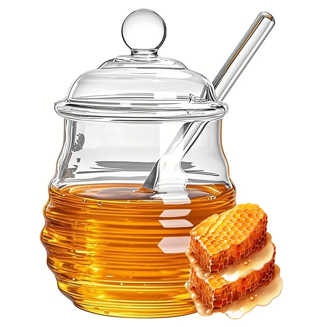 Glass Honey Jar with Dipper and Lid, 10 OZ Heat Resistant HoneyPot, Honey Storage Container for Storing Syrup, Home and Kitchen Organization, Gifts for Her Christmas, Coffee Bar Decor