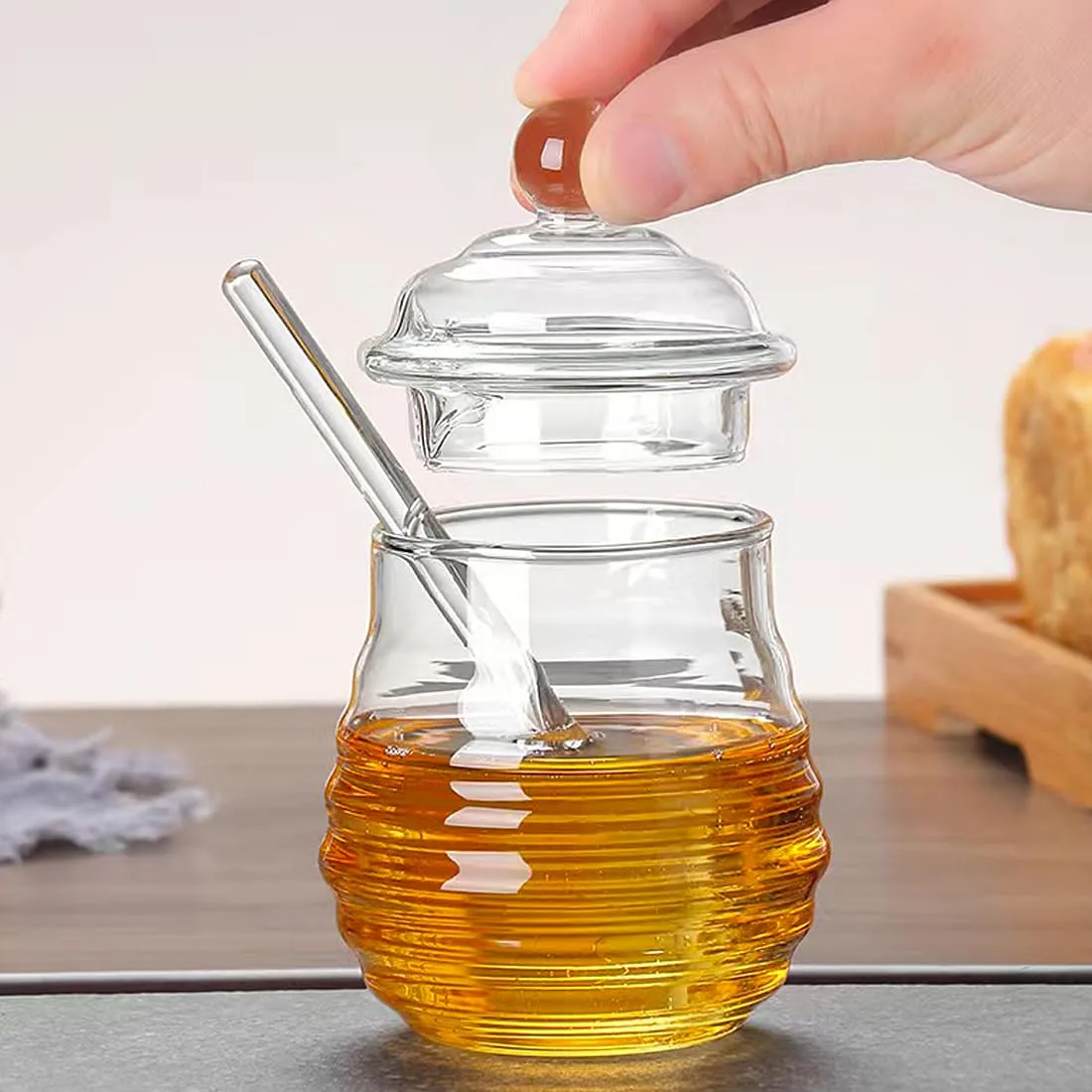 Glass Honey Jar with Dipper and Lid, 10 OZ Heat Resistant HoneyPot, Honey Storage Container for Storing Syrup, Home and Kitchen Organization, Gifts for Her Christmas, Coffee Bar Decor