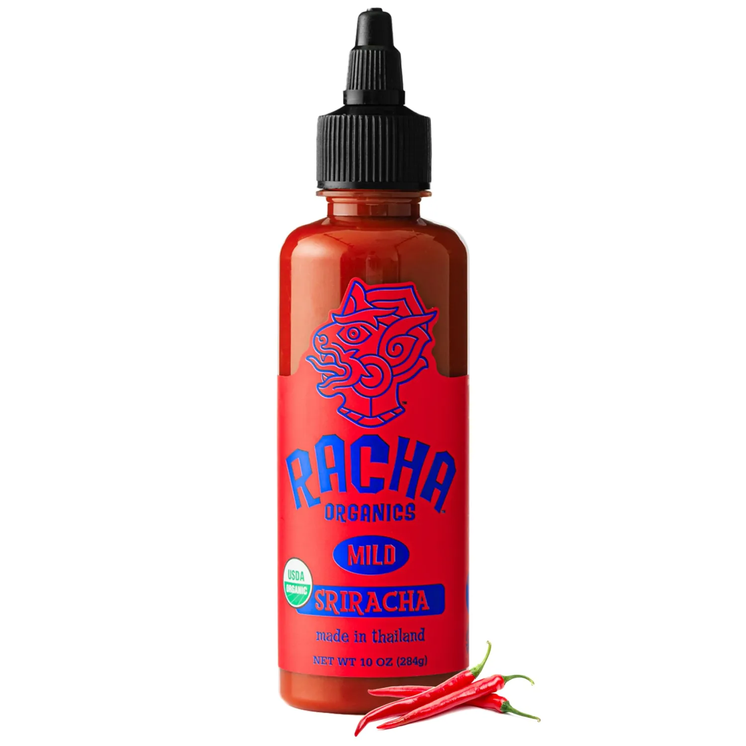 Racha Organics Mild Sriracha Hot Sauce - USDA Organic Sriracha Sauce Made with Estate-Grown Thai Chili Peppers - Low-Sugar, Non-GMO, Gluten Free, Keto Friendly - 10oz - Made in Thailand