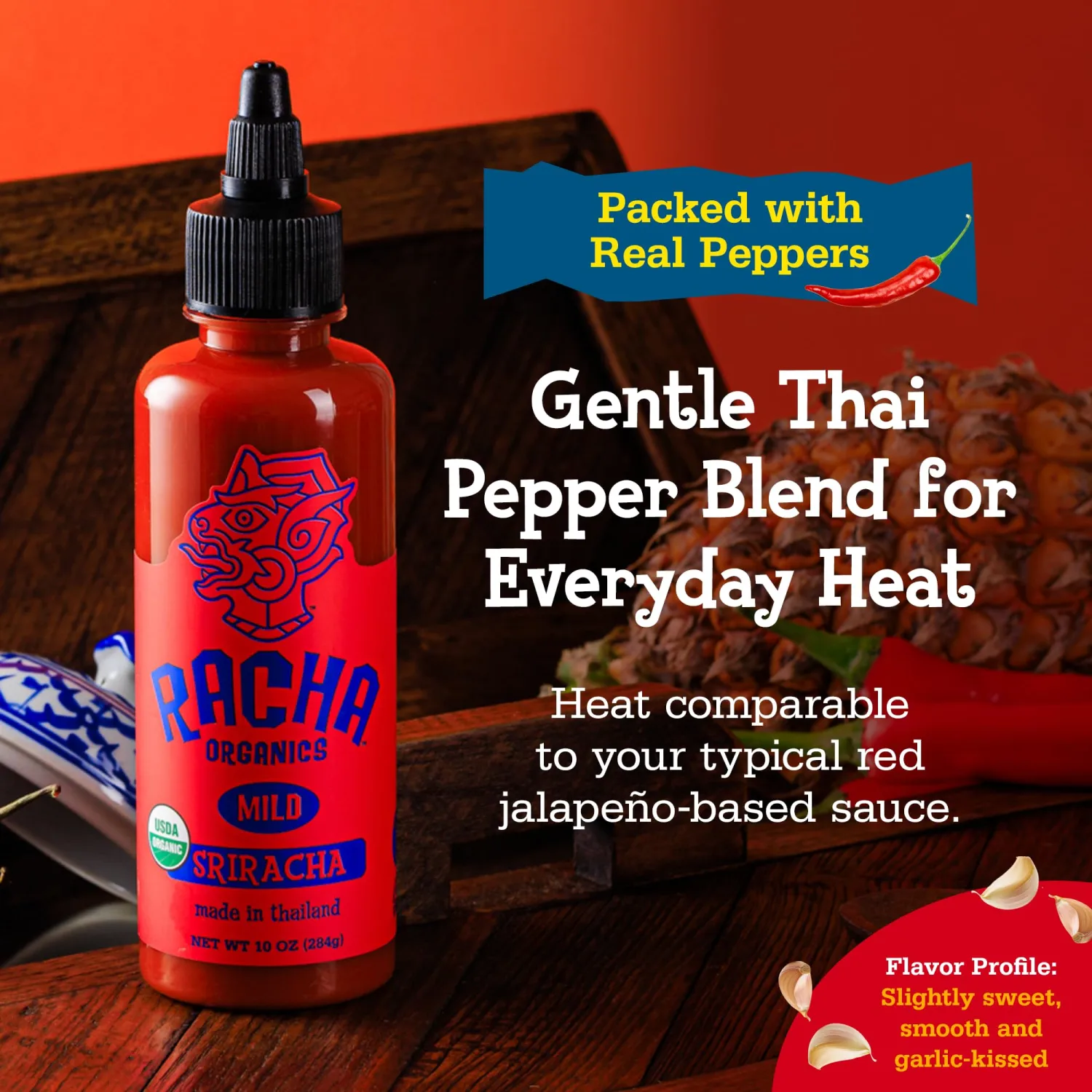 Racha Organics Mild Sriracha Hot Sauce - USDA Organic Sriracha Sauce Made with Estate-Grown Thai Chili Peppers - Low-Sugar, Non-GMO, Gluten Free, Keto Friendly - 10oz - Made in Thailand