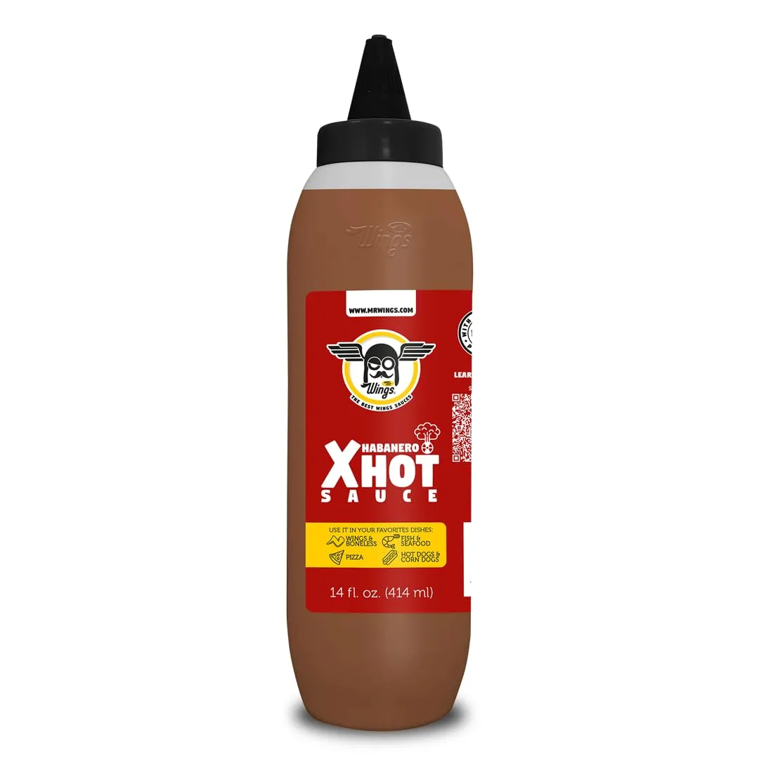 Mr Wings Habanero Xhot Sauce 14 Fl Oz. Super tasty spicy extra hot sauce. Ideal for Seafood, wings, burgers & snacks.