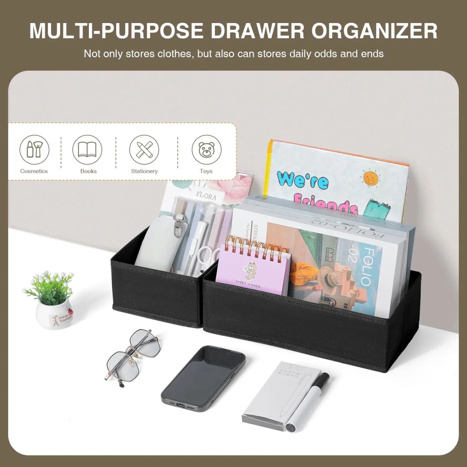 DIMJ Drawer Organizers - Set of 4 Foldable Closet Dividers for Baby Clothes, Socks, Belt, Tie (Black)