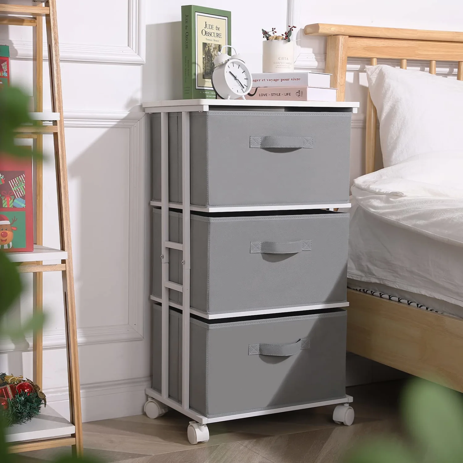 MAX Houser Dresser Tower with 3 Drawers,Fabric Dresser Drawer Organizer Unit,Dresser Chest with Wood Top,Vertical Storage Dresser,Small Dresser for Bedroom,Office-Dark Grey