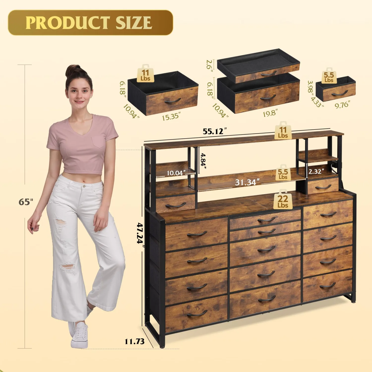 WLIVE Dresser for Bedroom with 15 Drawers & Adjustable Shelves, Tall Dresser with Charging Station, Chest of Drawers for Closet Living Room, Drawer Divider, Wood Top, Rustic Brown Wood Grain Print