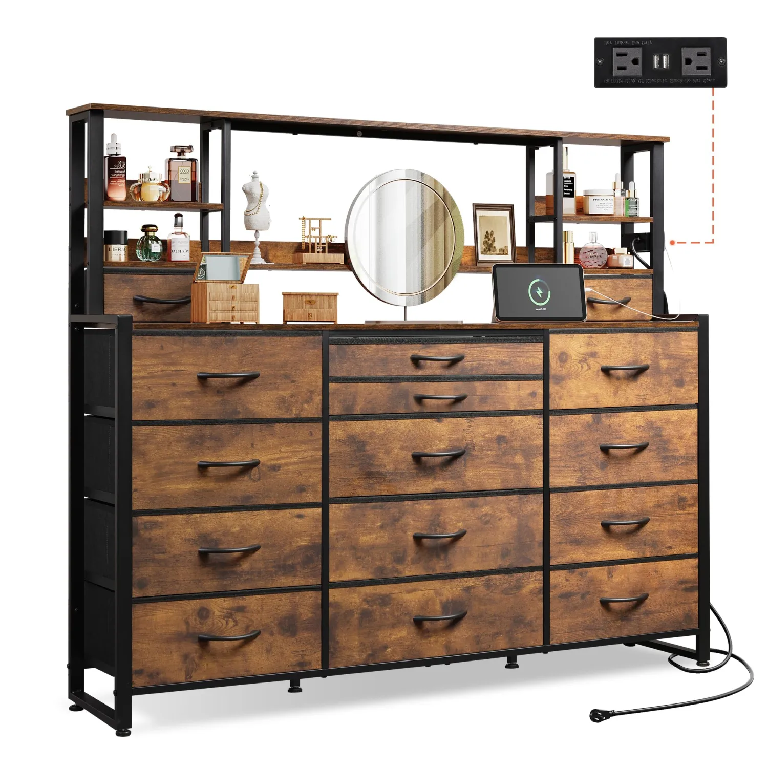 WLIVE Dresser for Bedroom with 15 Drawers & Adjustable Shelves, Tall Dresser with Charging Station, Chest of Drawers for Closet Living Room, Drawer Divider, Wood Top, Rustic Brown Wood Grain Print