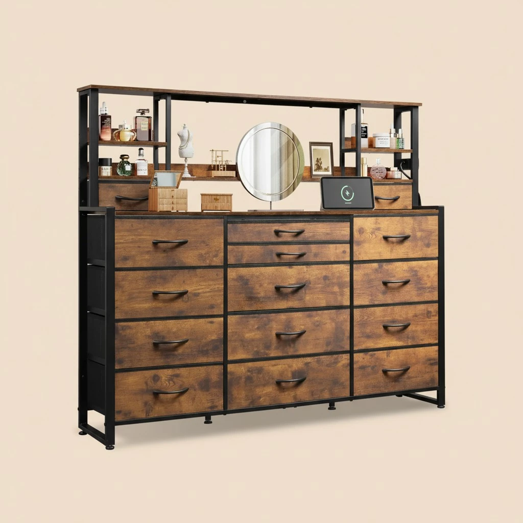 WLIVE Dresser for Bedroom with 15 Drawers & Adjustable Shelves, Tall Dresser with Charging Station, Chest of Drawers for Closet Living Room, Drawer Divider, Wood Top, Rustic Brown Wood Grain Print