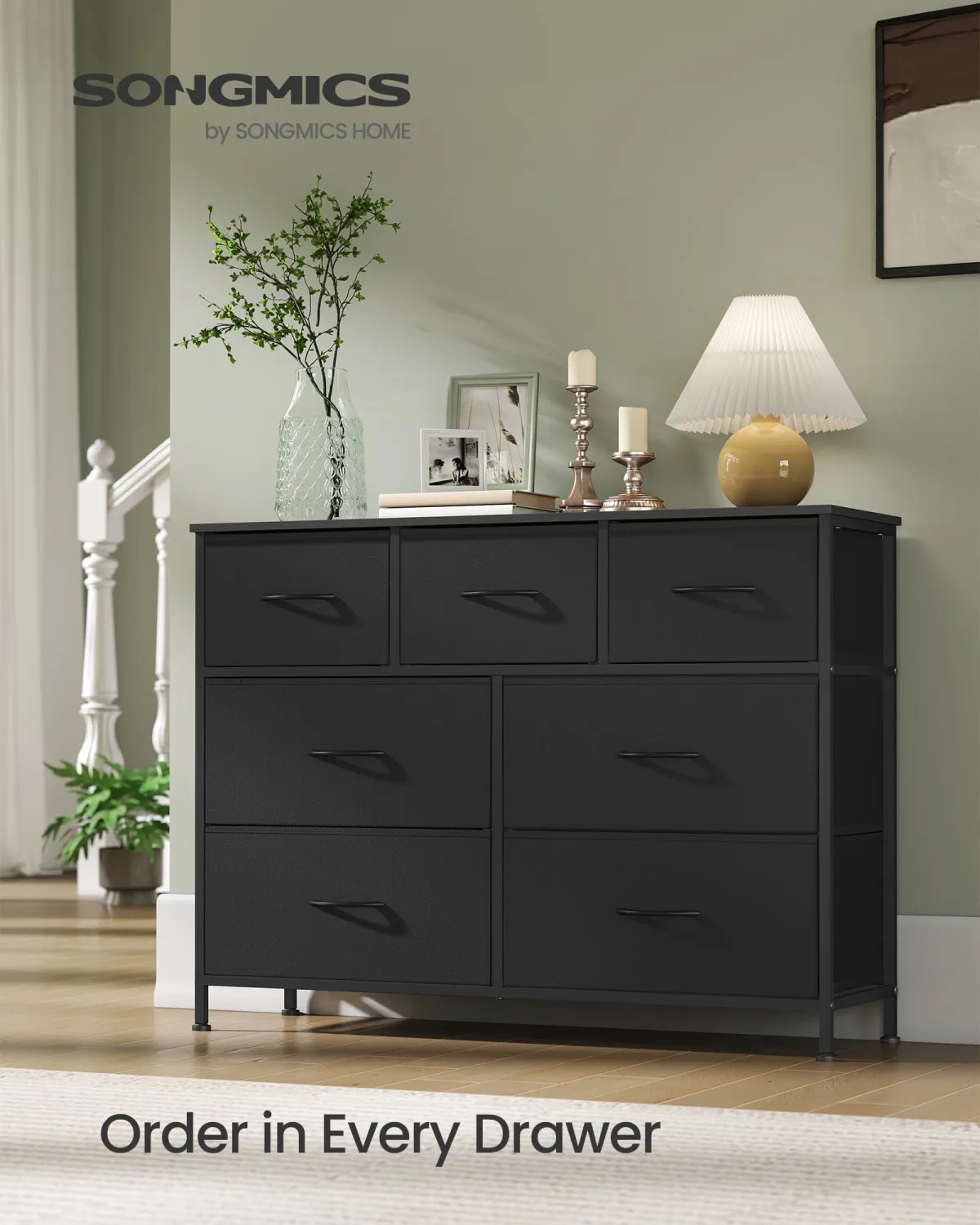 SONGMICS Dresser for Bedroom, Chest of Drawers, TV Stand, Steel, MDF, 7 Non-Woven Fabric Drawers, Storage Organizer Unit, Closet, Entryway, Ink Black and Ebony Black ULGS323B01S