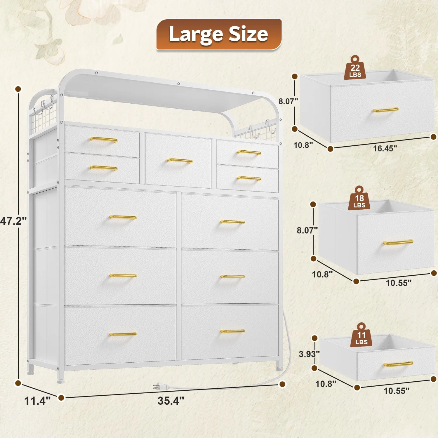 Dresser for Bedroom with 11 Drawers & Station, Chest of Drawers with LED Lights & 4 Hooks, Closet, Living Room, Entryway, White