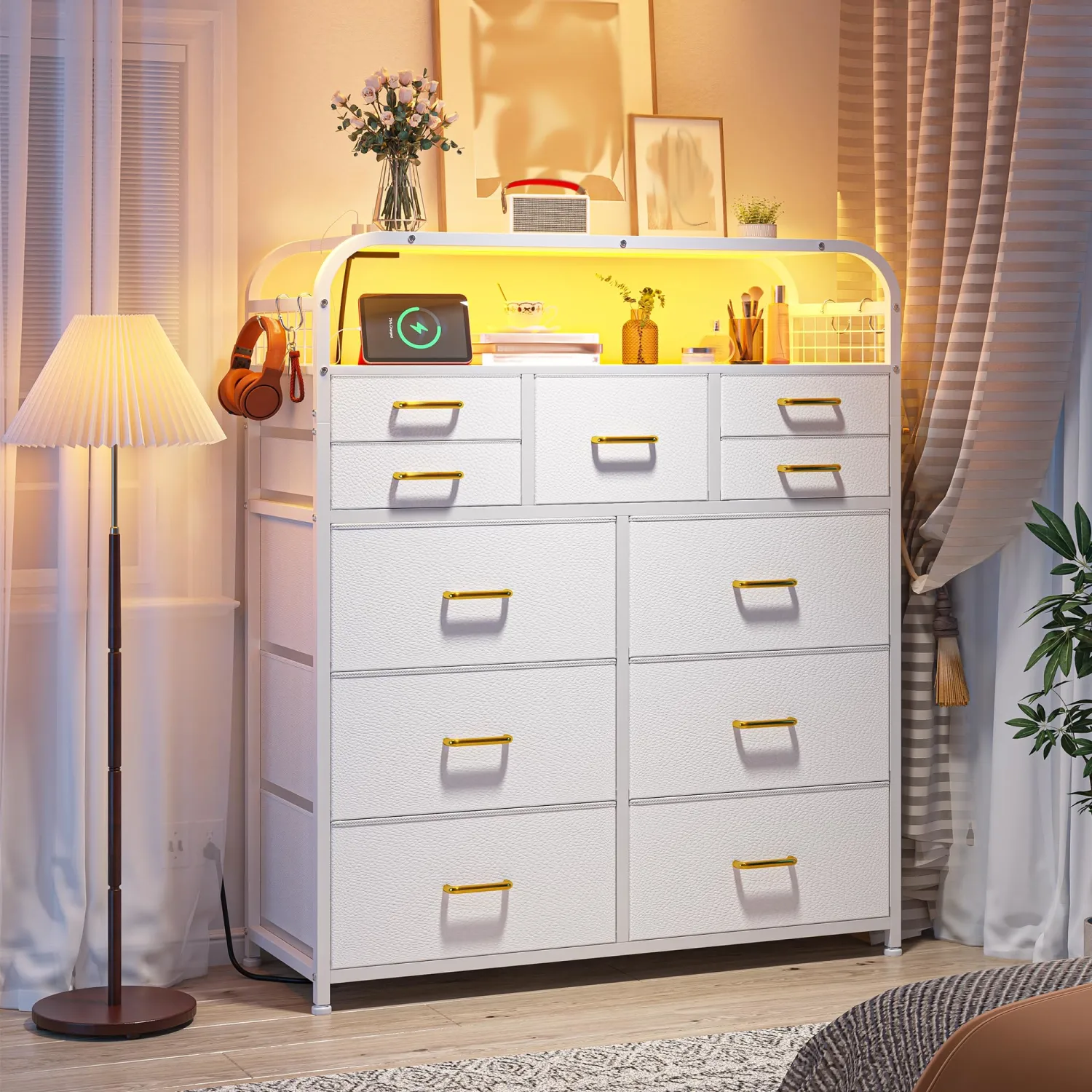 Dresser for Bedroom with 11 Drawers & Station, Chest of Drawers with LED Lights & 4 Hooks, Closet, Living Room, Entryway, White