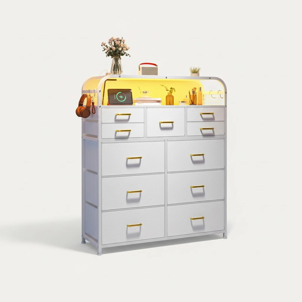 Dresser for Bedroom with 11 Drawers & Station, Chest of Drawers with LED Lights & 4 Hooks, Closet, Living Room, Entryway, White