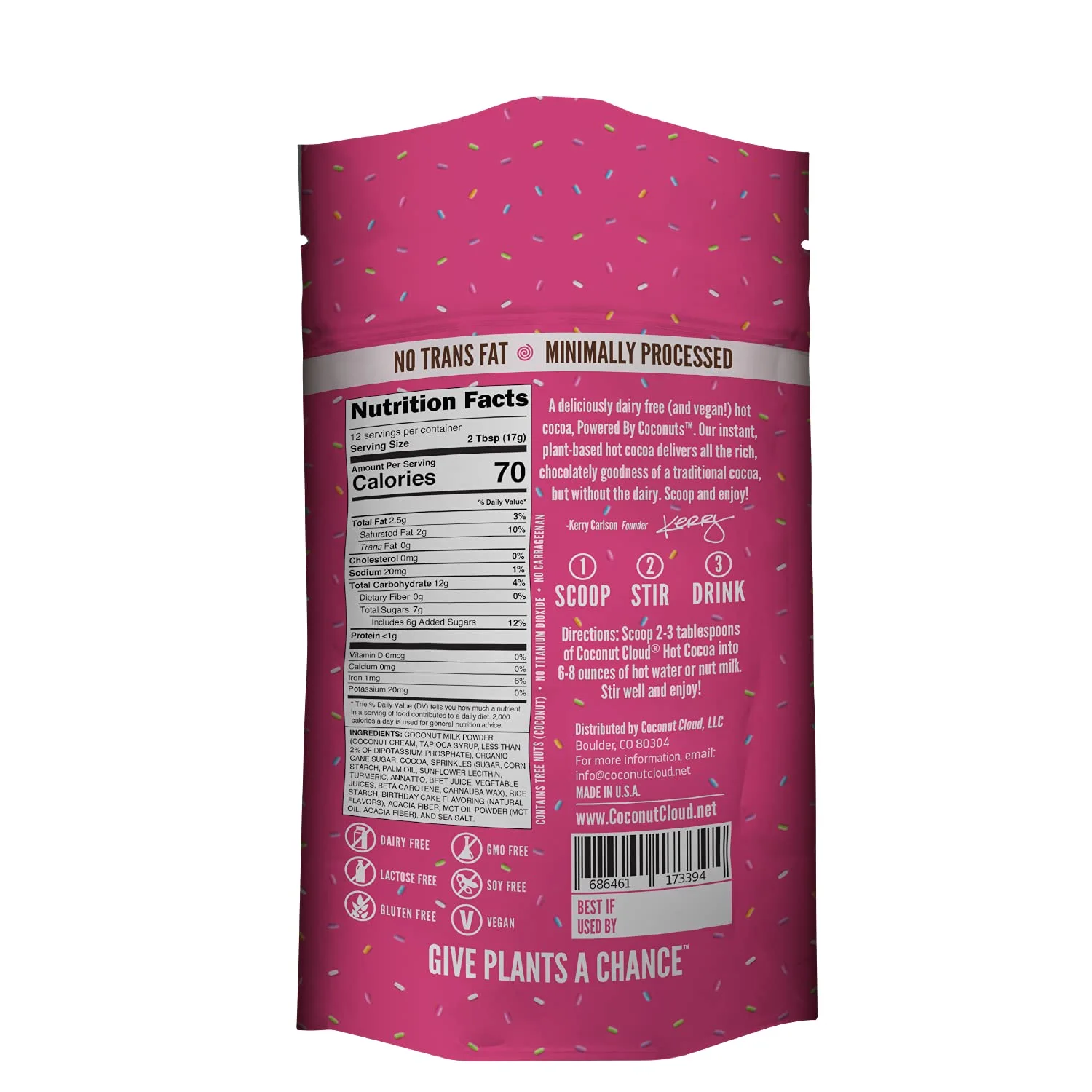 Coconut Cloud: Dairy-Free Instant Hot Cocoa Mix | Vegan, Natural, Delicious, Creamy Chocolate (Made in Colorado from Premium Coconut Milk Powder), Birthday Cake Hot Cocoa, 7 oz