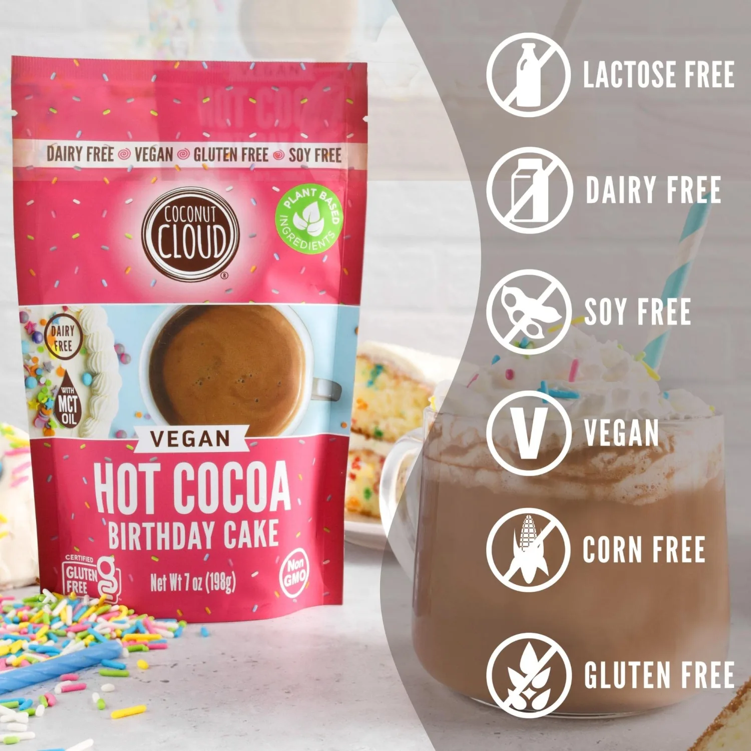 Coconut Cloud: Dairy-Free Instant Hot Cocoa Mix | Vegan, Natural, Delicious, Creamy Chocolate (Made in Colorado from Premium Coconut Milk Powder), Birthday Cake Hot Cocoa, 7 oz