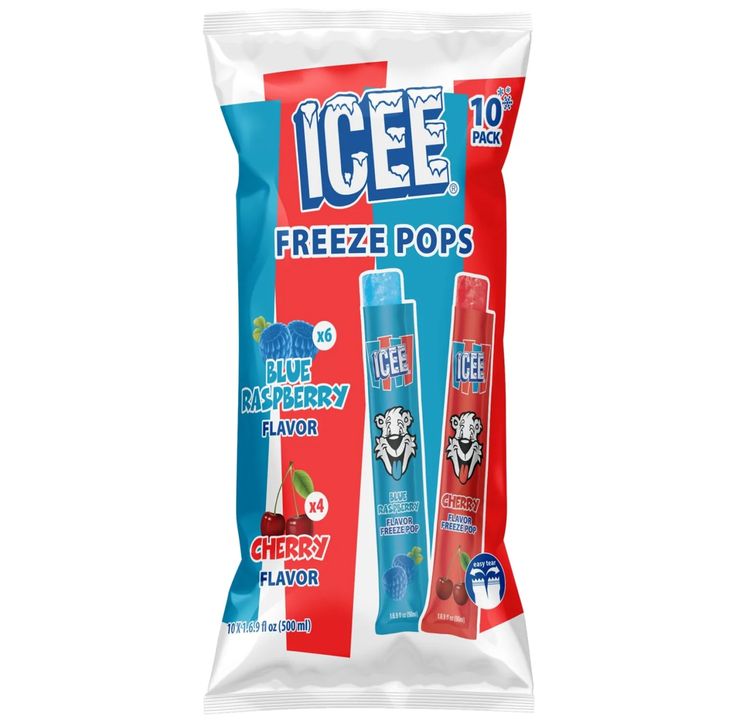 ICEE Freeze Pops, Blue Raspberry & Cherry Flavor Variety – Classic Frozen Slushie Treats – Freeze-at-Home Icy Snacks for Kids & Adults, 1.69 Fl Oz, 10 Individually Wrapped Pops