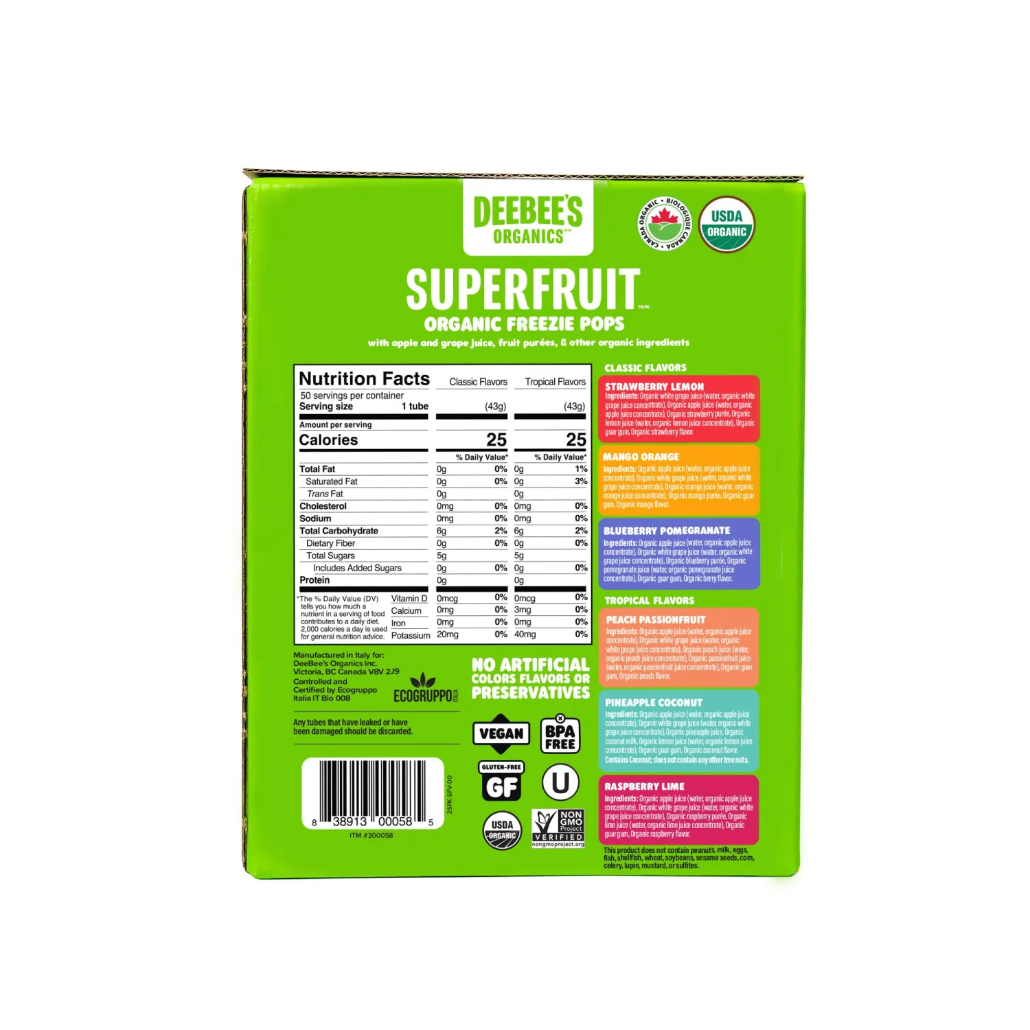 DeeBee's Organics SuperFruit Freezie Pops Variety Pack, No Added Sugars, No Artificial Flavors or Colors (Pack of 50)
