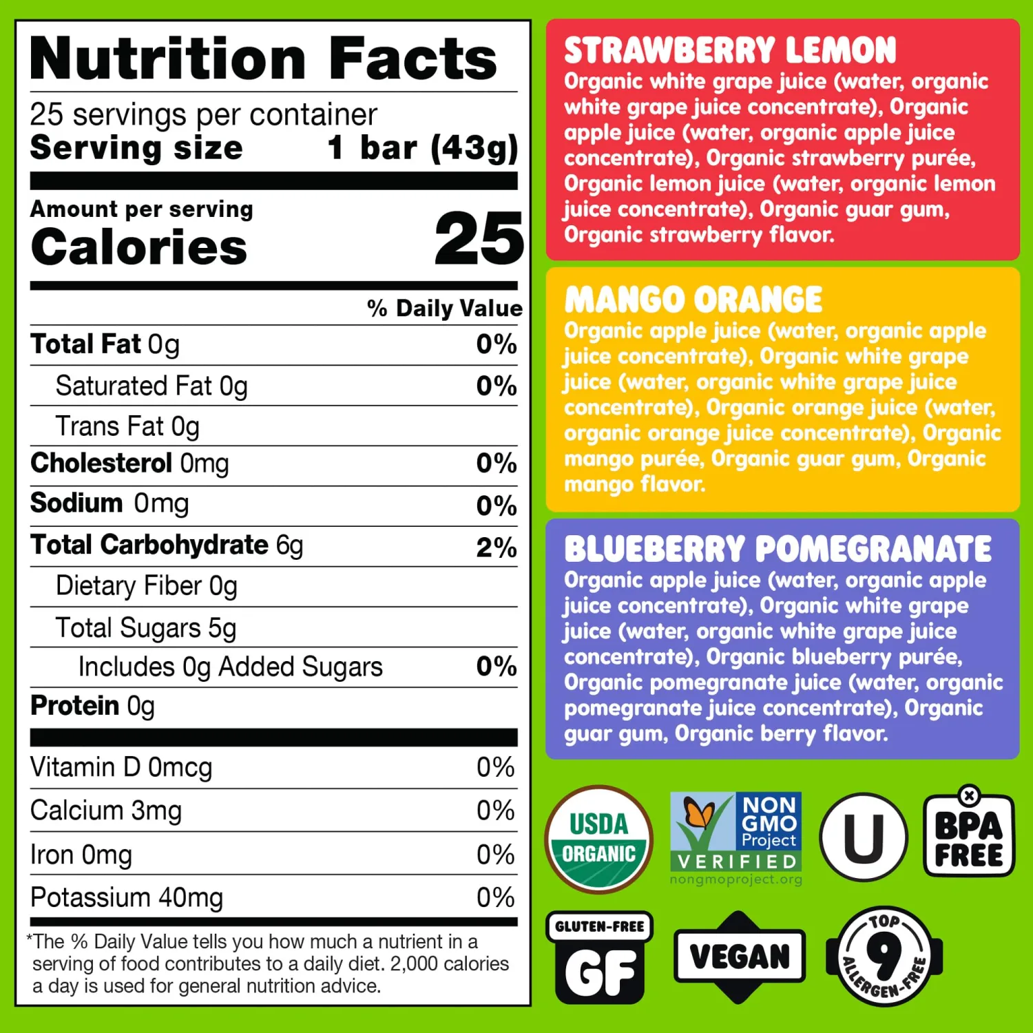 DeeBee's Organics SuperFruit Freezie Pops Variety Pack, No Added Sugars, No Artificial Flavors or Colors (Pack of 50)