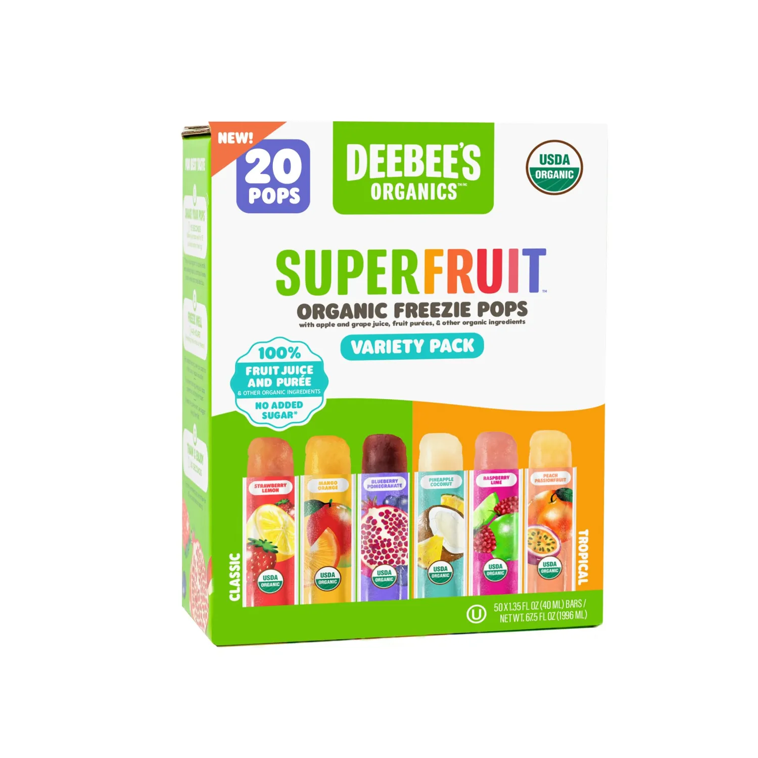 DeeBee's Organics SuperFruit Freezie Pops Variety Pack, No Added Sugars, No Artificial Flavors or Colors (Pack of 20)
