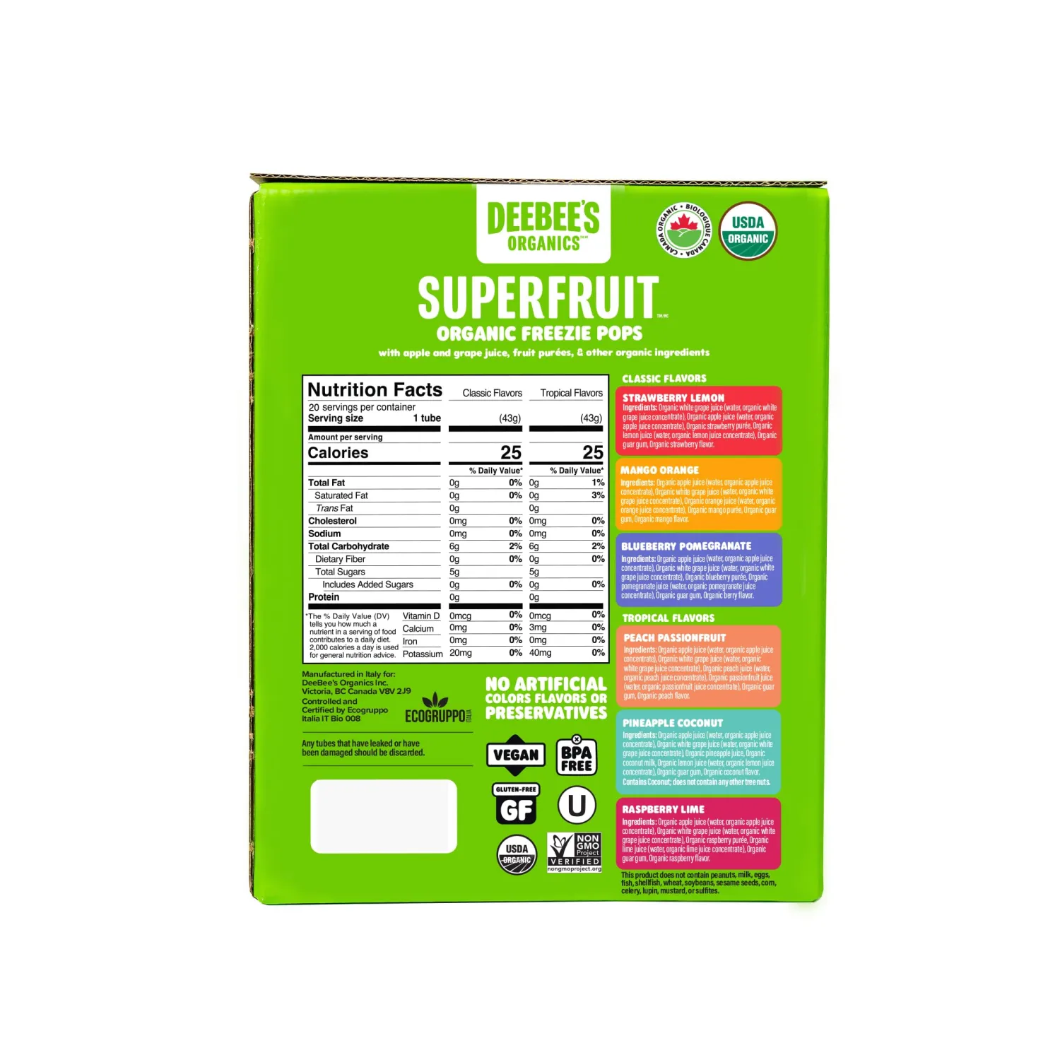 DeeBee's Organics SuperFruit Freezie Pops Variety Pack, No Added Sugars, No Artificial Flavors or Colors (Pack of 20)