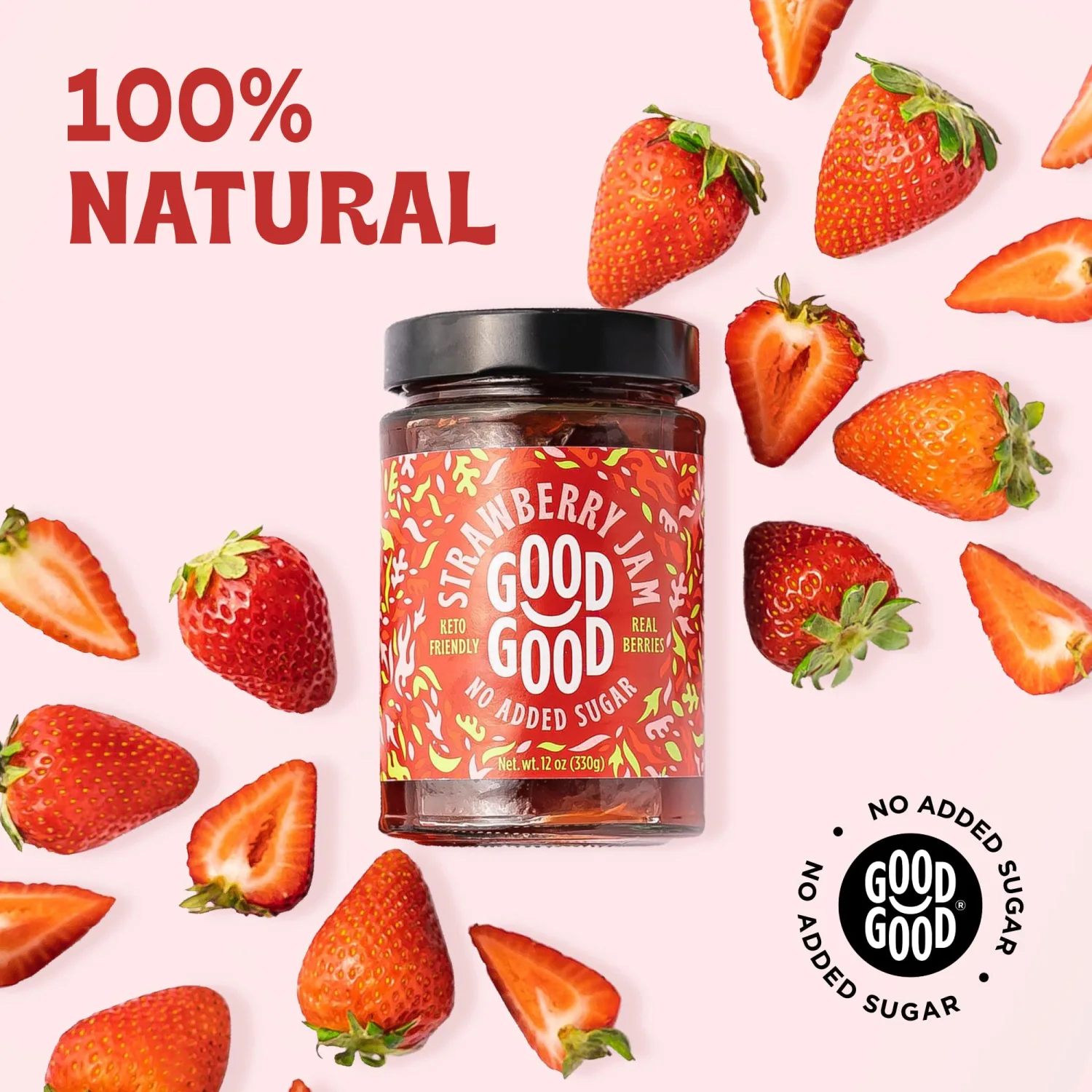 Good Good Strawberry Jam - No Added Sugar - Low Calorie - Gluten Free and Vegan - Diabetic and Keto Friendly - 12oz / 330g (Pack of 2)