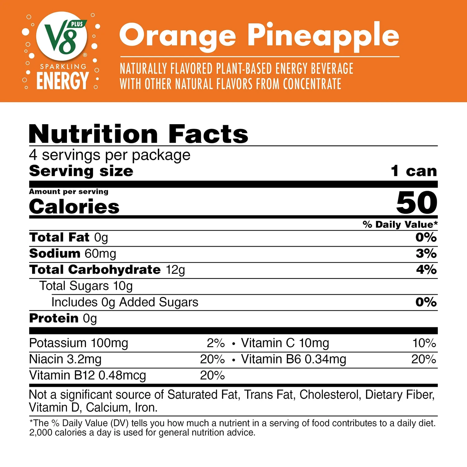 V8 +Energy Sparkling Orange Pineapple Juice Energy Drink, 11.5 fl oz Can (4 Pack)