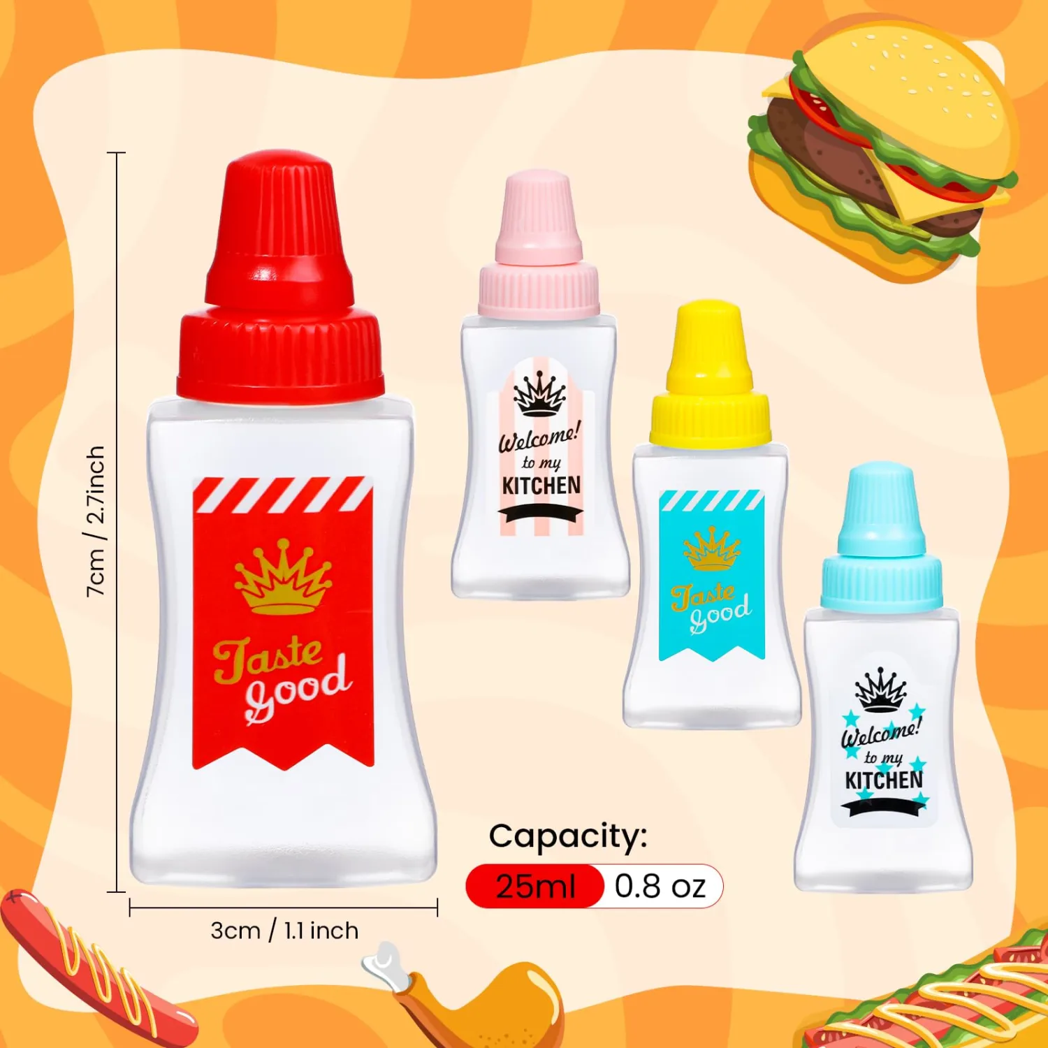 RONRONS 4 Pieces Mini Ketchup Bottle, 25ml Small Condiment Squeeze Bottles Plastic Sauce Container for Lunch Box, Refillable Bento Box Accessories for Mustard Honey Syrup