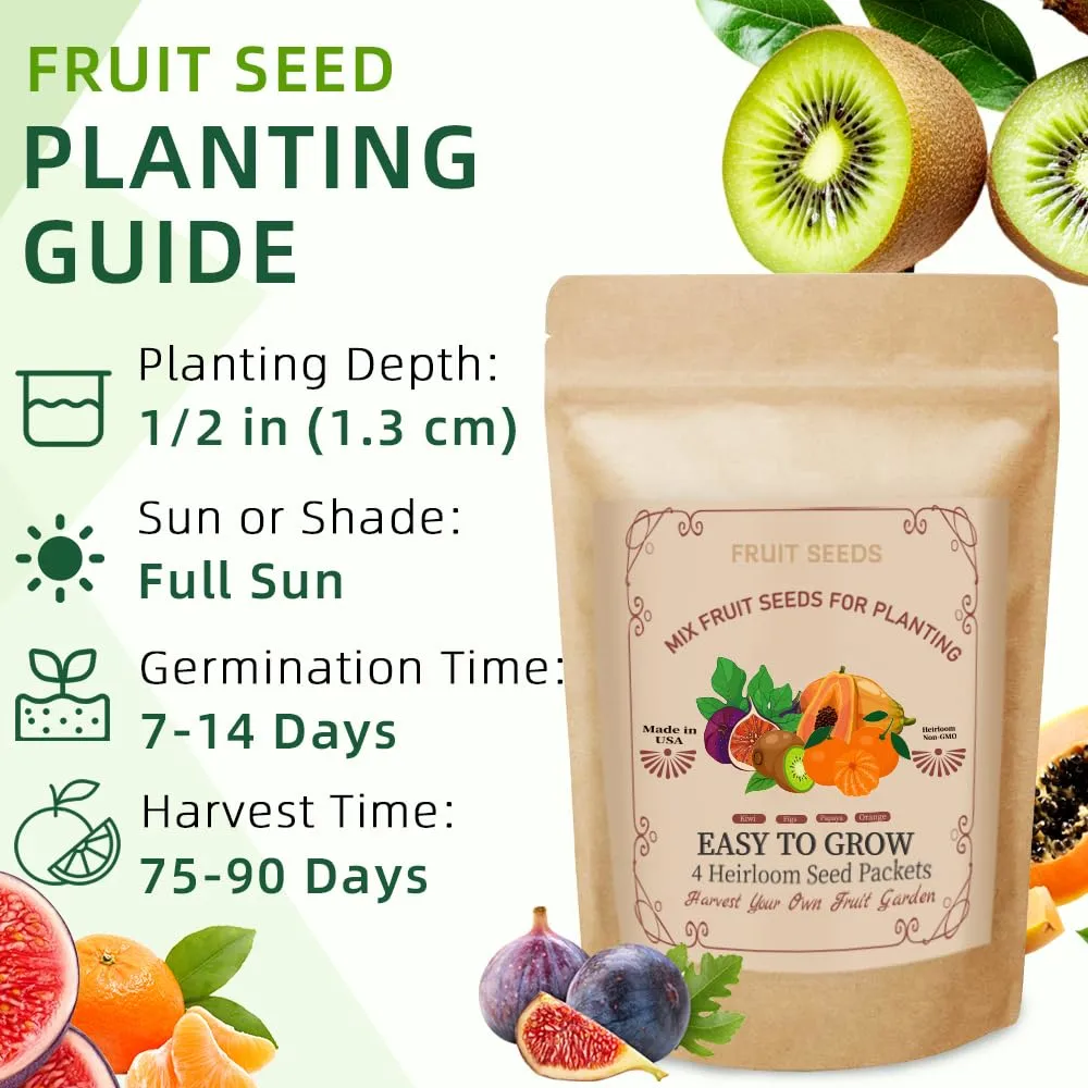 300+ Mix Heirloom Fruit Seeds Kiwi Fig Papaya Orange Seeds 4 Varieties Individually Packaged for Home Garden
