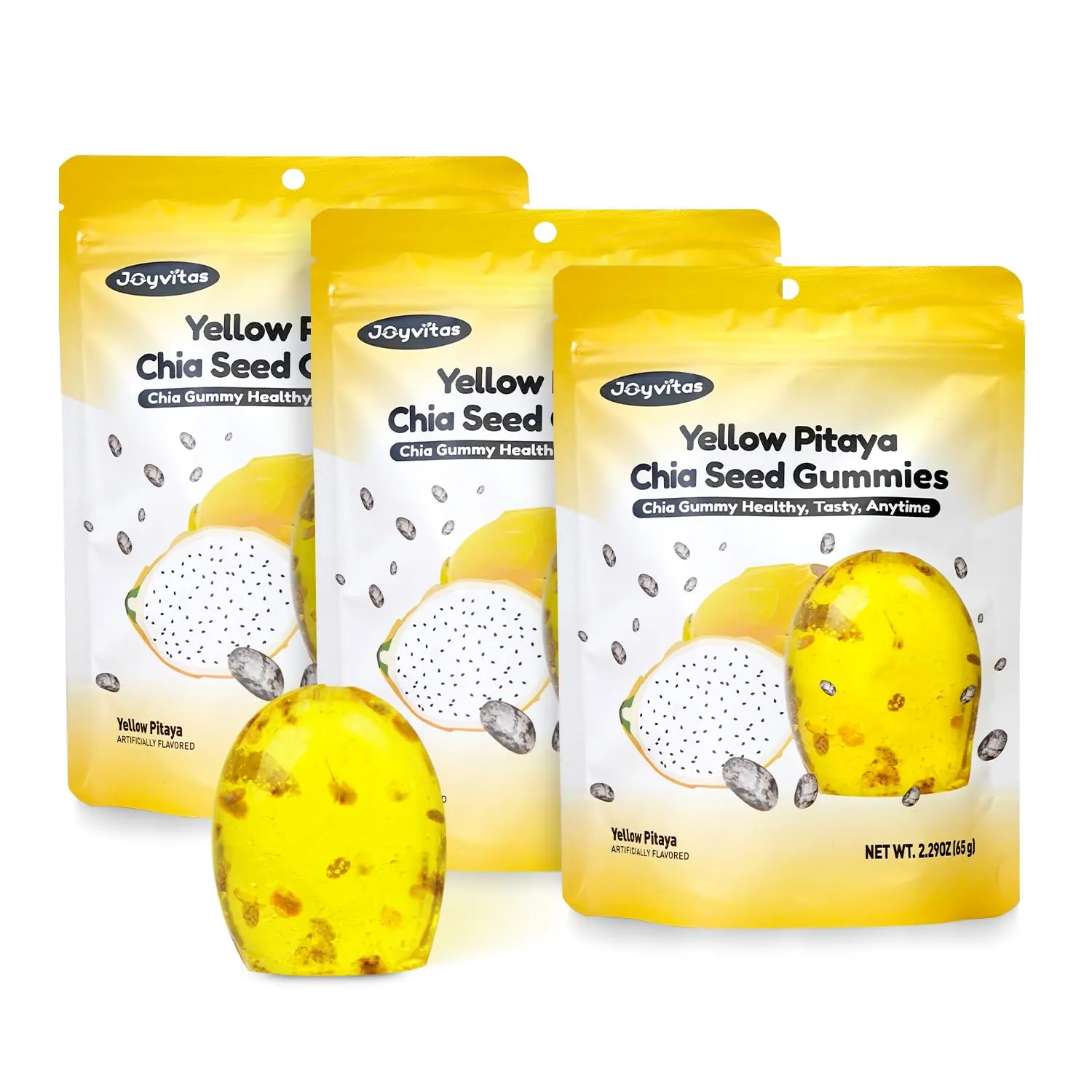 Chia Seed Gummy Candy, 4D Gummies Candy Variety Pack, Yellow Pitaya Fruit Snacks, Individual Packs, Resealable 2.29oz Bag (Pack of 3) with Gift Box