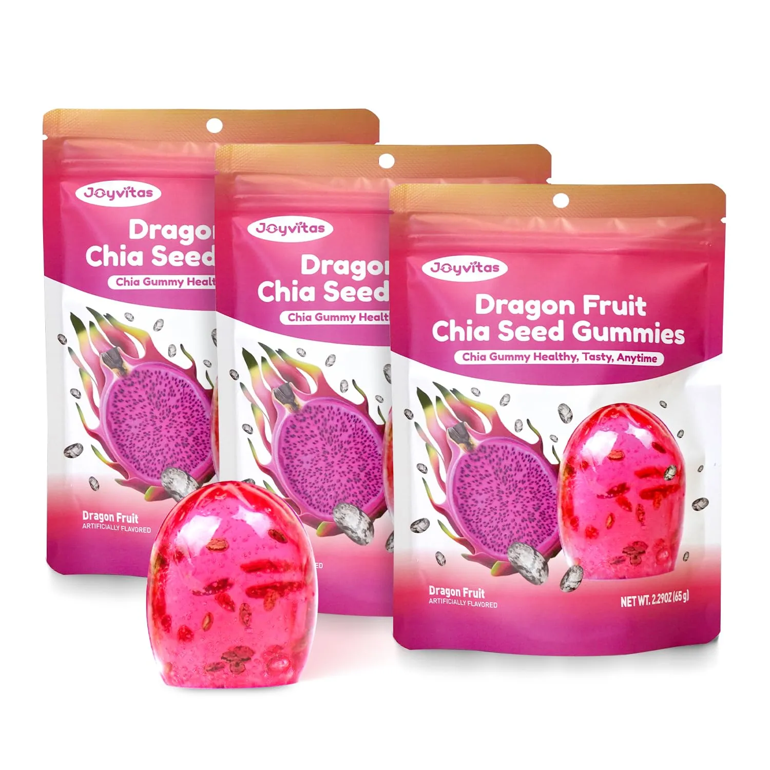 Chia Seed Gummy Candy, Red Dragon Fruit Gummies Candy Fruit Snacks, Individual Packs 4D Gummies Candy Resealable 2.29oz Bag (Pack of 3) with Gift Box