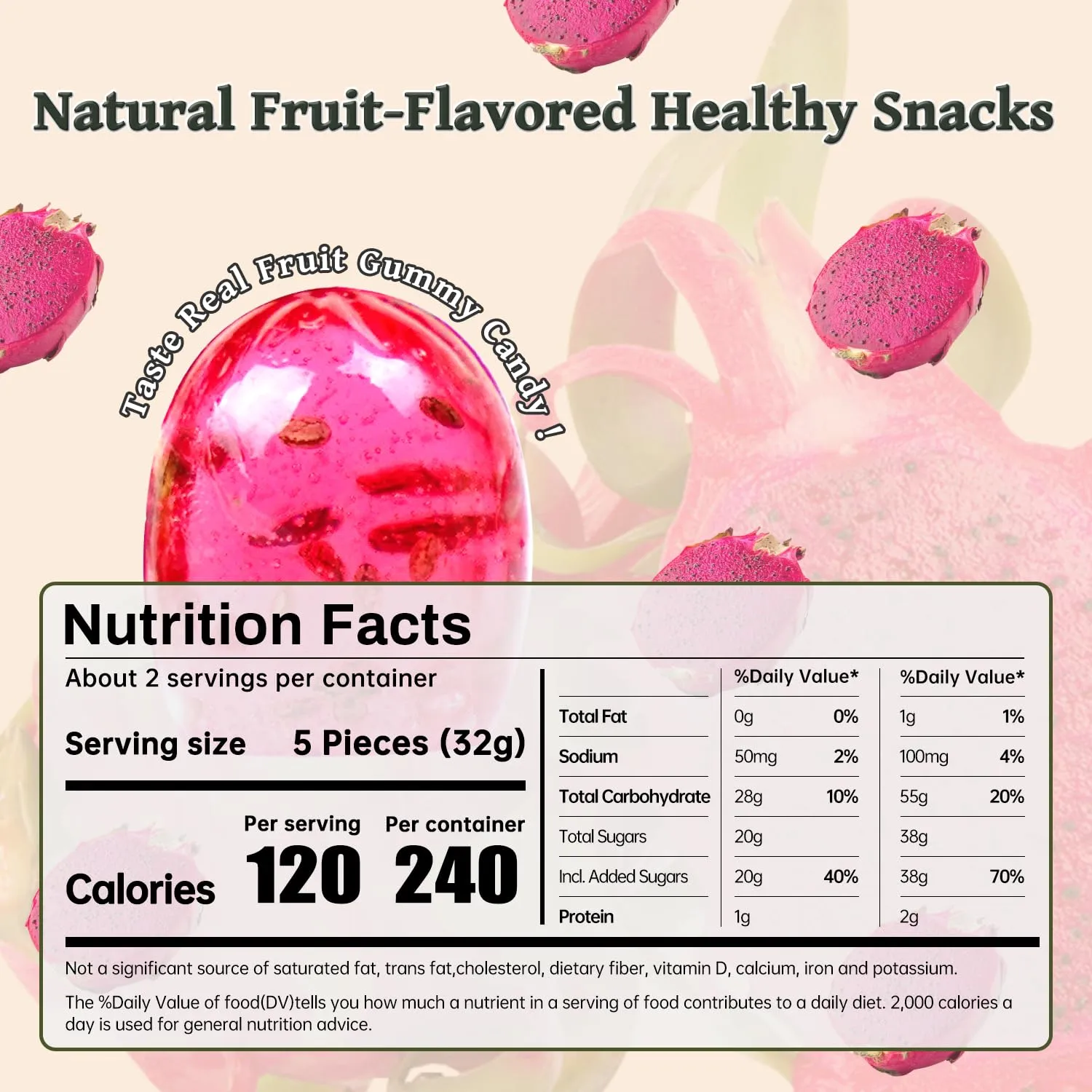 Chia Seed Gummy Candy, Red Dragon Fruit Gummies Candy Fruit Snacks, Individual Packs 4D Gummies Candy Resealable 2.29oz Bag (Pack of 3) with Gift Box