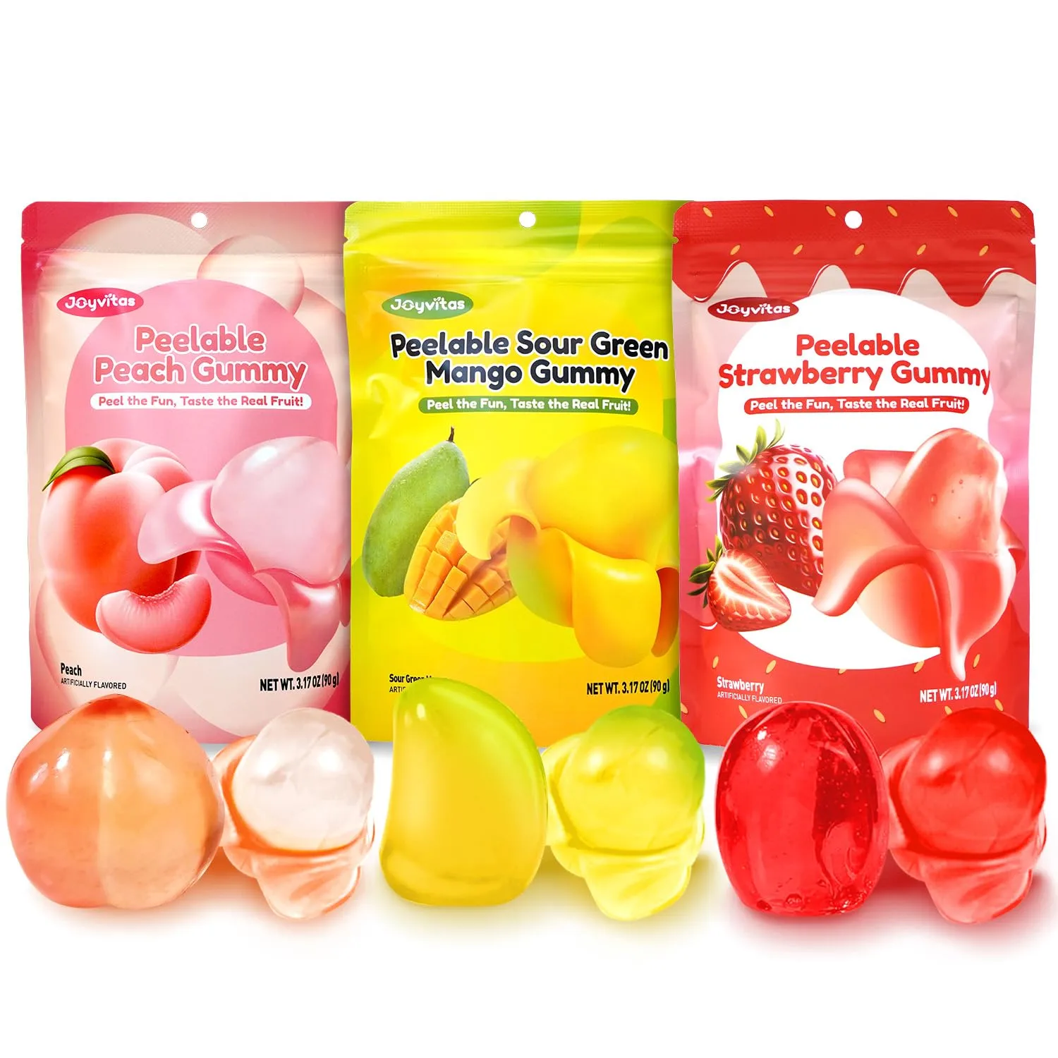 Peelable Gummy Candy Intense Mango Peach Stawberry Mix Flavor Fruit Chewy Gummy Snack Low Sugar & Calorie, Individual Soft & Chewy Candy Snacks (Pack of 3, 3.17OZ, Mixed-Fruit)