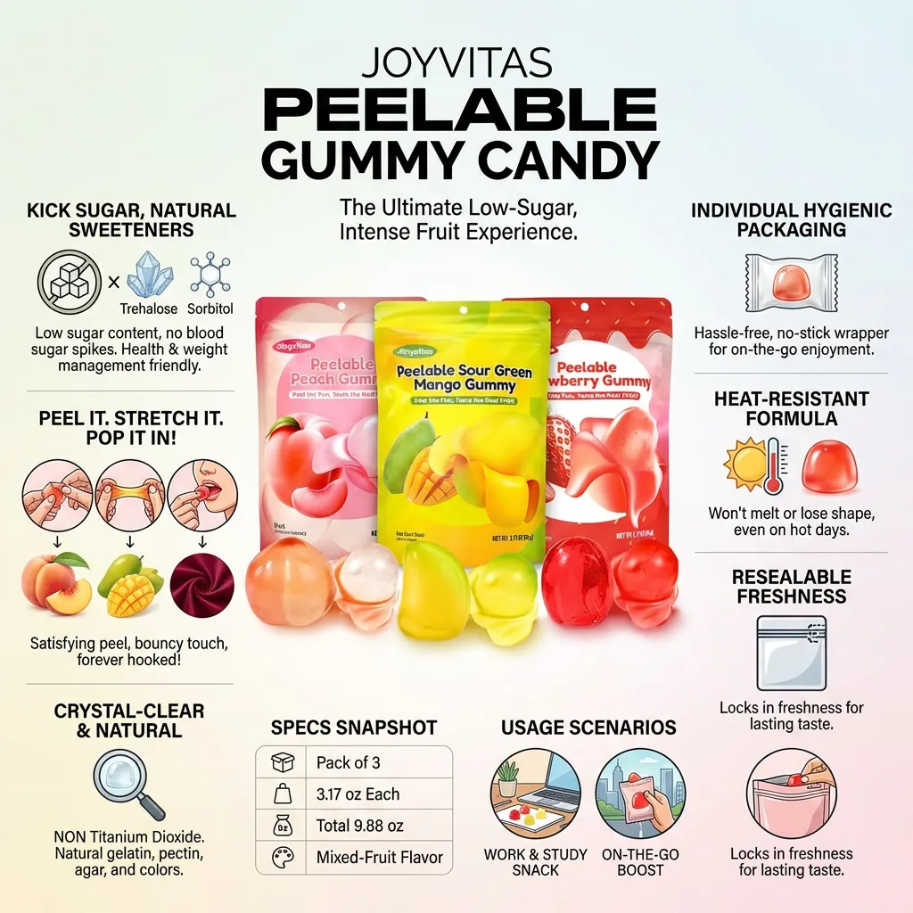 Peelable Gummy Candy Intense Mango Peach Stawberry Mix Flavor Fruit Chewy Gummy Snack Low Sugar & Calorie, Individual Soft & Chewy Candy Snacks (Pack of 3, 3.17OZ, Mixed-Fruit)