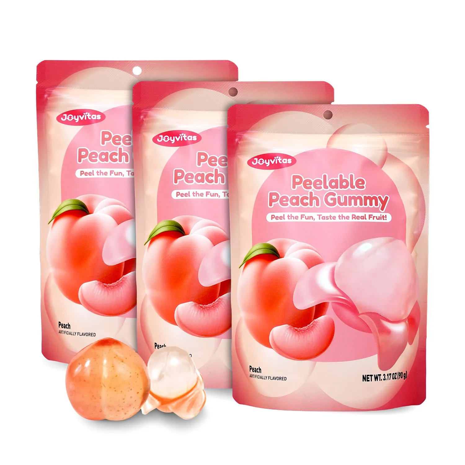 Peelable Peach Gummy Candy - Natural Juicy Flavor, Real Fruit Extract | Low Sugar, Low Calorie, Chewy Texture | Individual Wrapped, Resealable | Kid & Adult-Friendly, Ideal for Snacking, Gifting (3 Pack, 3.17oz, Peach)