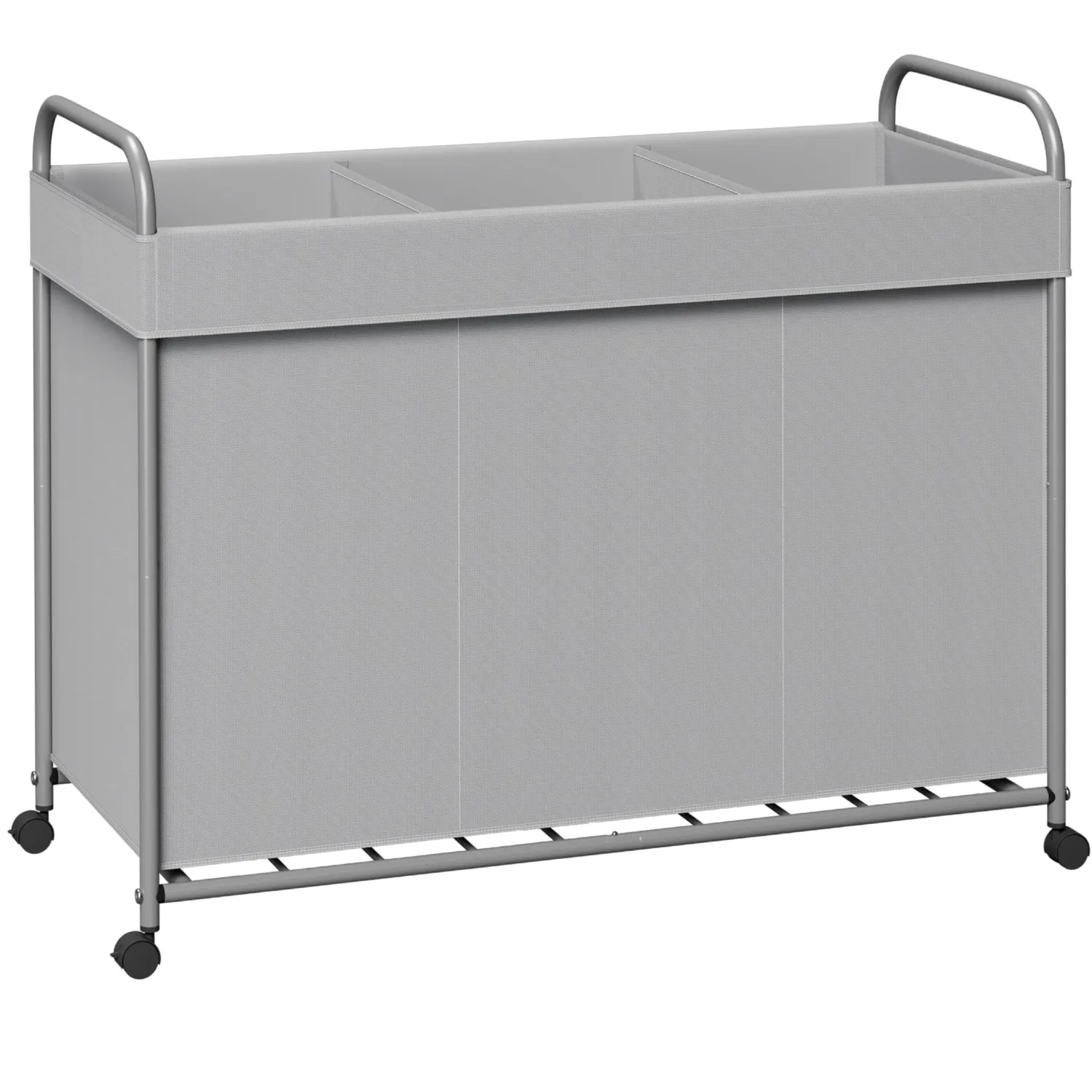Laundry Basket with Wheels, 3-Section Rolling Laundry Hamper, Laundry Sorter with Removable Liner, Steel Frame with Handle, 29.1 x 13 x 25.2 Inches, Grey, LHC150G01