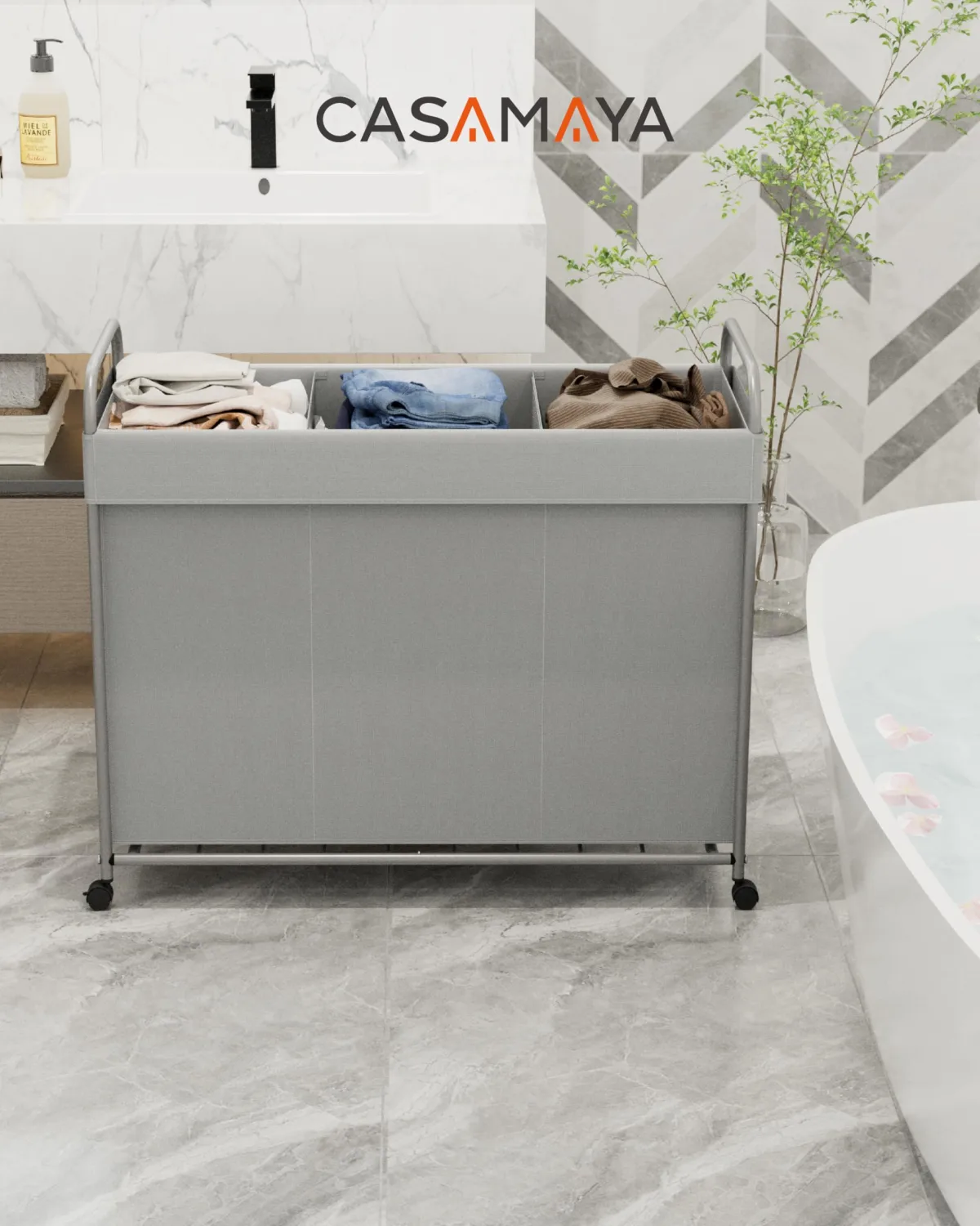 Laundry Basket with Wheels, 3-Section Rolling Laundry Hamper, Laundry Sorter with Removable Liner, Steel Frame with Handle, 29.1 x 13 x 25.2 Inches, Grey, LHC150G01